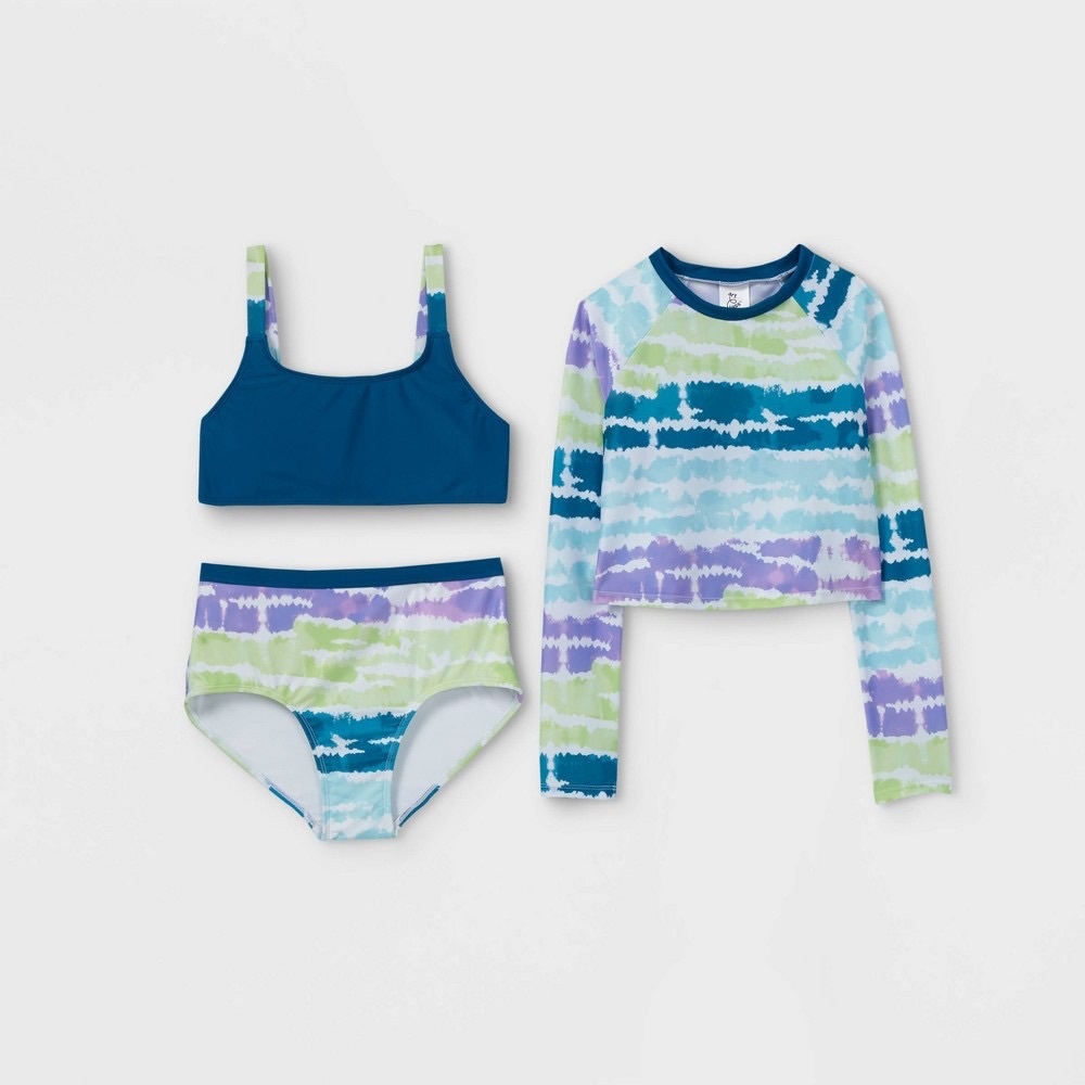 Art Class Girls' 3pc Tie-Dye Cropped Long Sleeve Rashguard Swimsuit Set 4/5